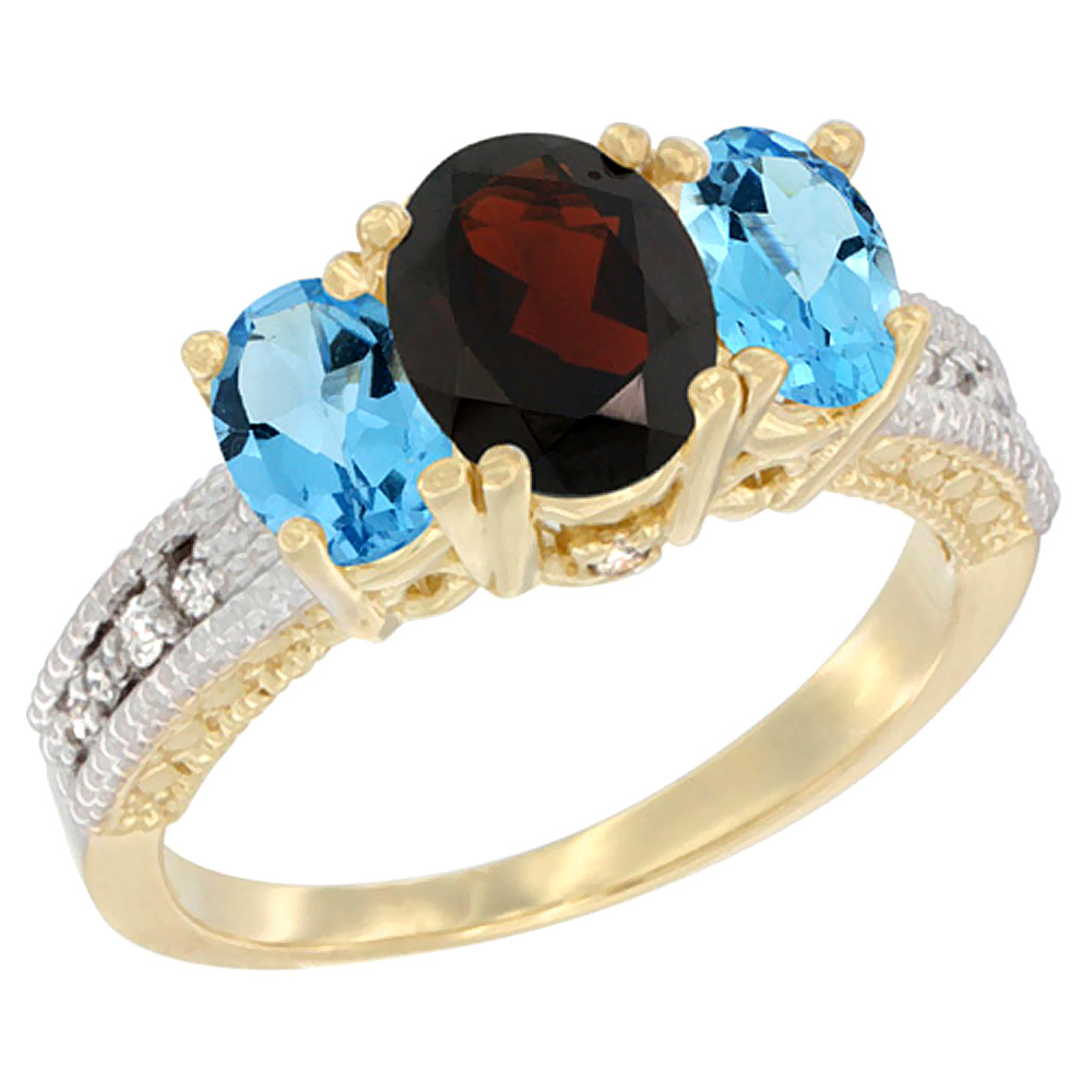 14K Yellow Gold Diamond Natural Garnet Ring Oval 3-stone with Swiss Blue Topaz, sizes 5 - 10
