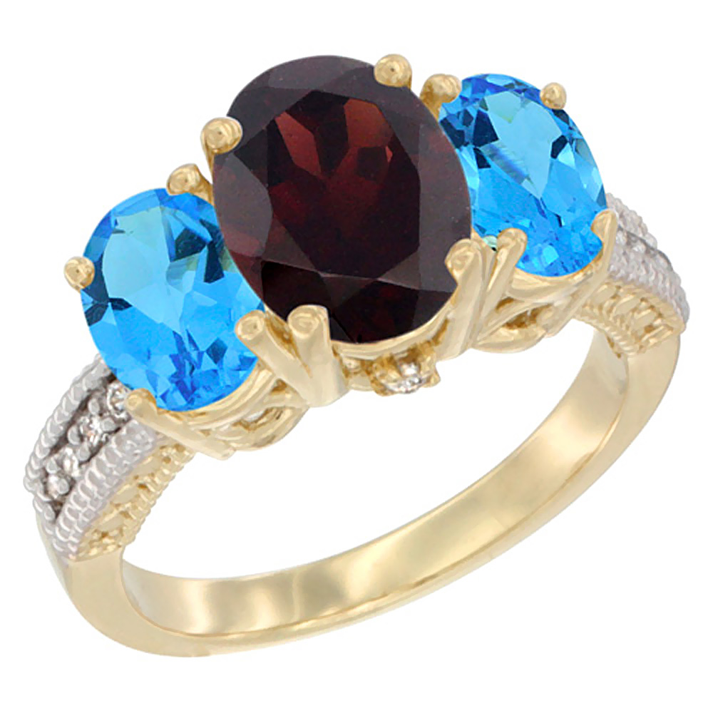 14K Yellow Gold Diamond Natural Garnet Ring 3-Stone Oval 8x6mm with Swiss Blue Topaz, sizes5-10