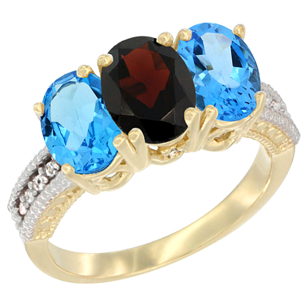 14K Yellow Gold Natural Garnet & Swiss Blue Topaz Sides Ring 3-Stone 7x5 mm Oval Diamond Accent, sizes 5 - 10