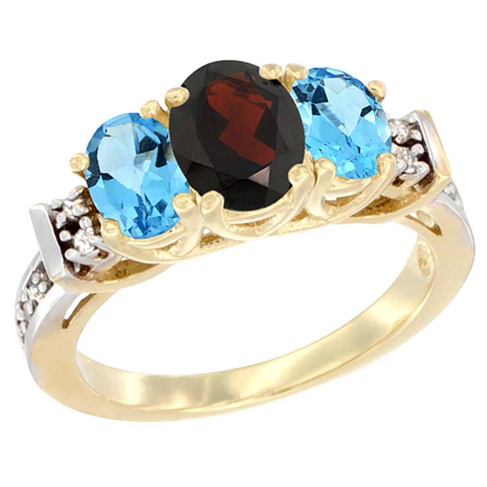 14K Yellow Gold Natural Garnet &amp; Swiss Blue Topaz Ring 3-Stone Oval Diamond Accent