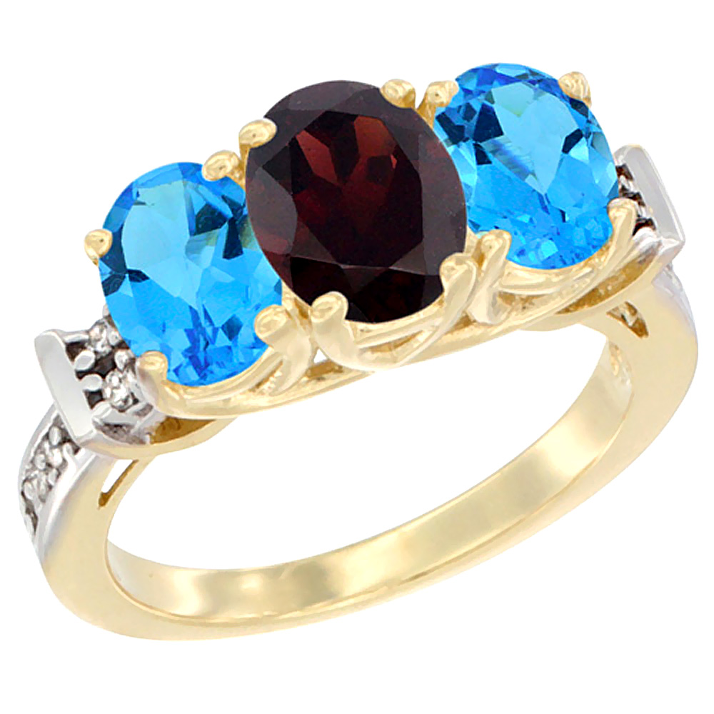 14K Yellow Gold Natural Garnet & Swiss Blue Topaz Sides Ring 3-Stone Oval Diamond Accent, sizes 5 - 10
