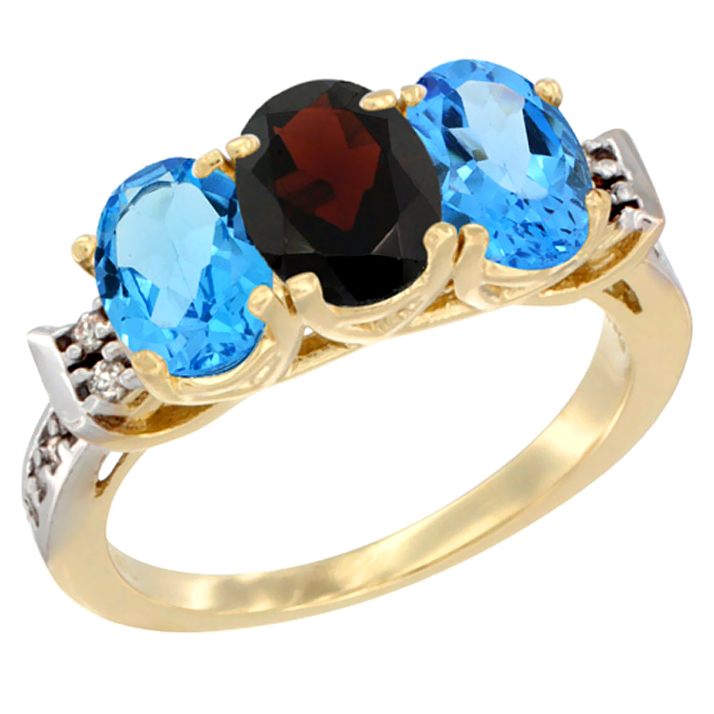 10K Yellow Gold Natural Garnet & Swiss Blue Topaz Sides Ring 3-Stone Oval 7x5 mm Diamond Accent, sizes 5 - 10