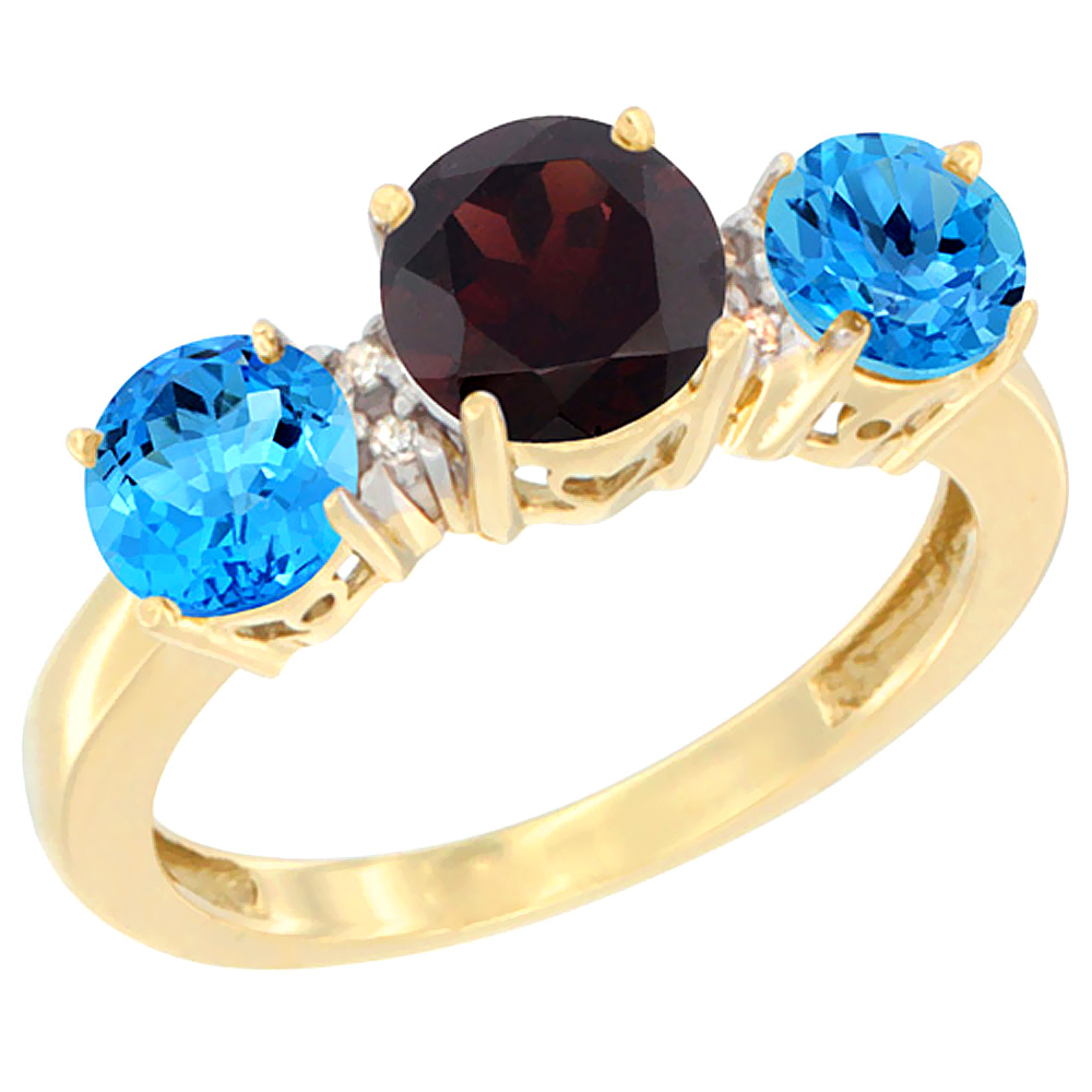 14K Yellow Gold Round 3-Stone Natural Garnet Ring &amp; Swiss Blue Topaz Sides Diamond Accent, sizes 5 - 10