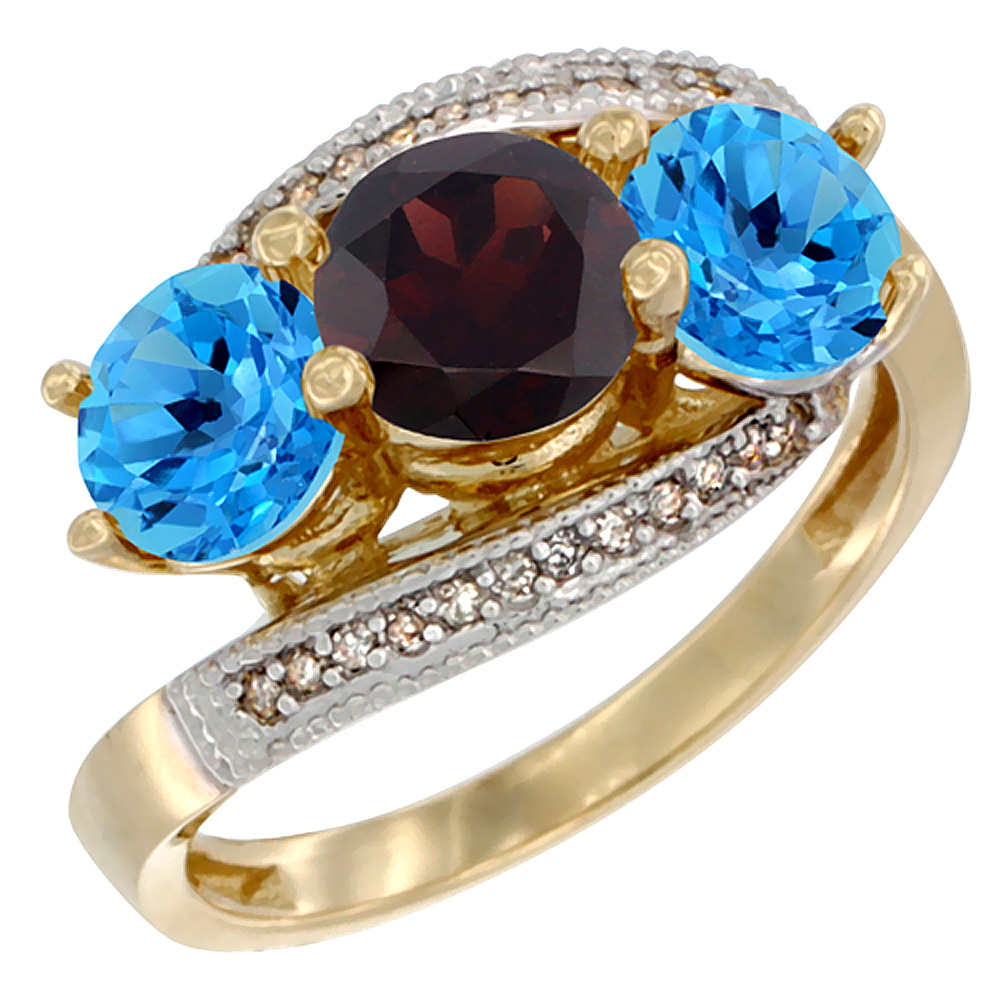 10K Yellow Gold Natural Garnet & Swiss Blue Topaz Sides 3 stone Ring Round 6mm Diamond Accent, sizes 5 - 10