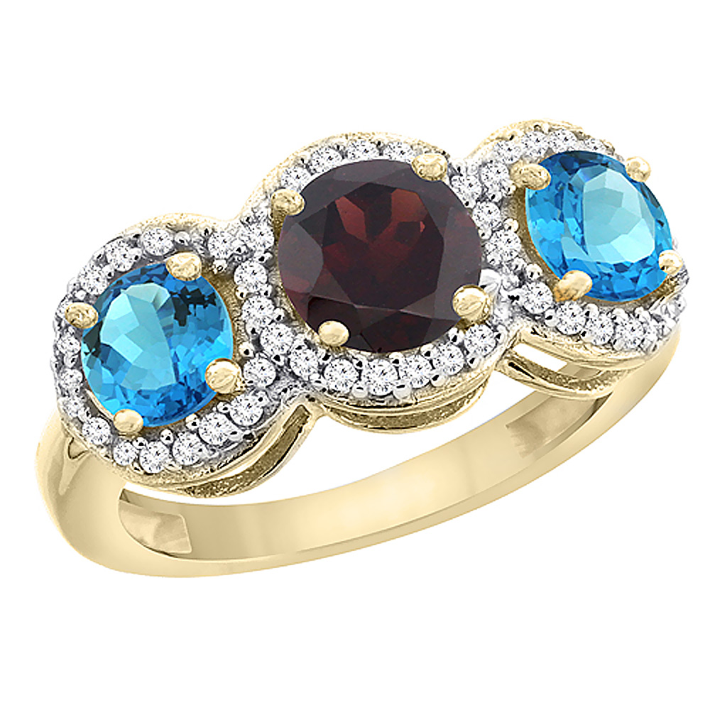 14K Yellow Gold Natural Garnet &amp; Swiss Blue Topaz Sides Round 3-stone Ring Diamond Accents, sizes 5 - 10