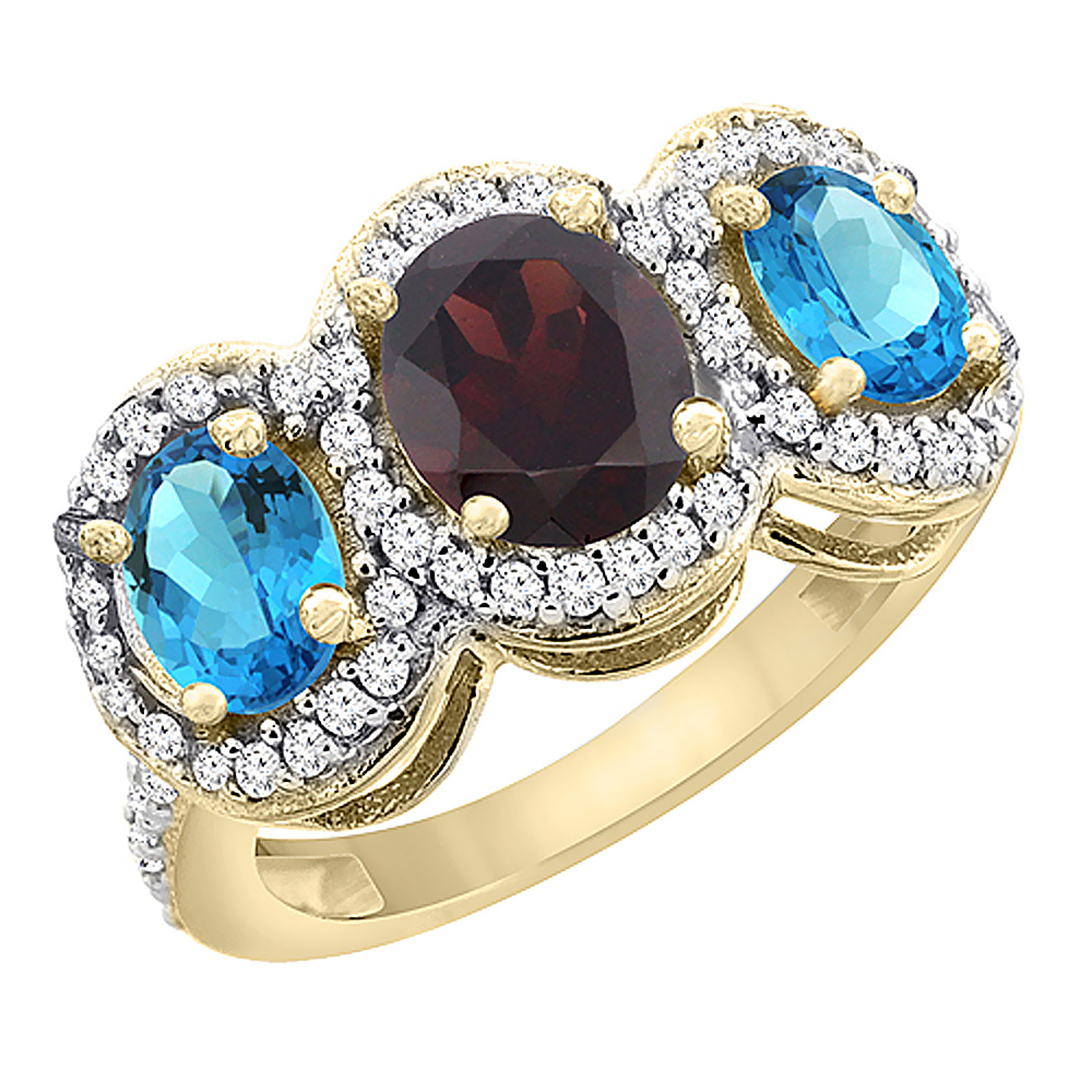 14K Yellow Gold Natural Garnet & Swiss Blue Topaz 3-Stone Ring Oval Diamond Accent, sizes 5 - 10