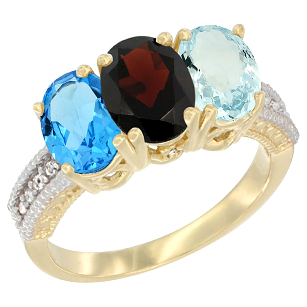 10K Yellow Gold Diamond Natural Swiss Blue Topaz, Garnet &amp; Aquamarine Ring 3-Stone Oval 7x5 mm, sizes 5 - 10