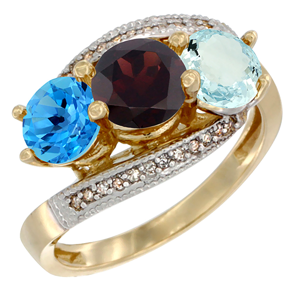 10K Yellow Gold Natural Swiss Blue Topaz, Garnet &amp; Aquamarine 3 stone Ring Round 6mm Diamond Accent, sizes 5 - 10