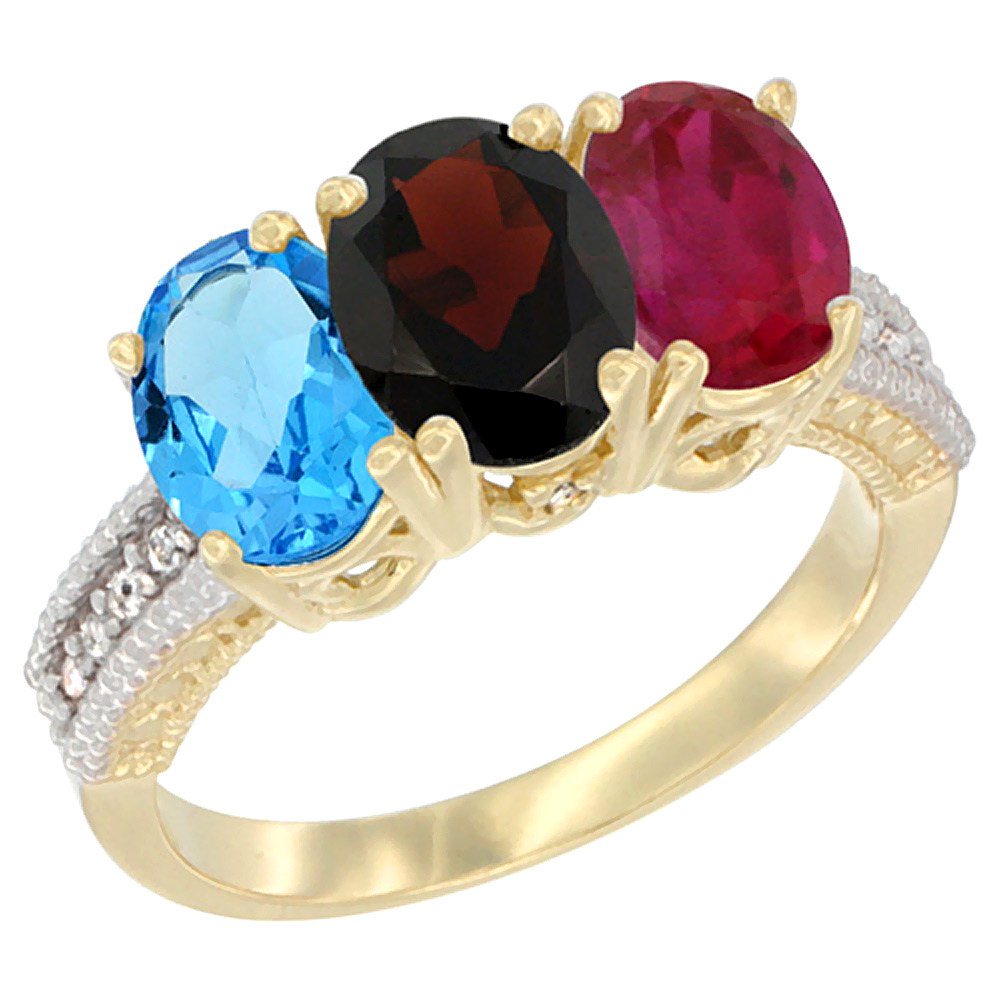 14K Yellow Gold Natural Swiss Blue Topaz, Garnet & Enhanced Ruby Ring 3-Stone 7x5 mm Oval Diamond Accent, sizes 5 - 10