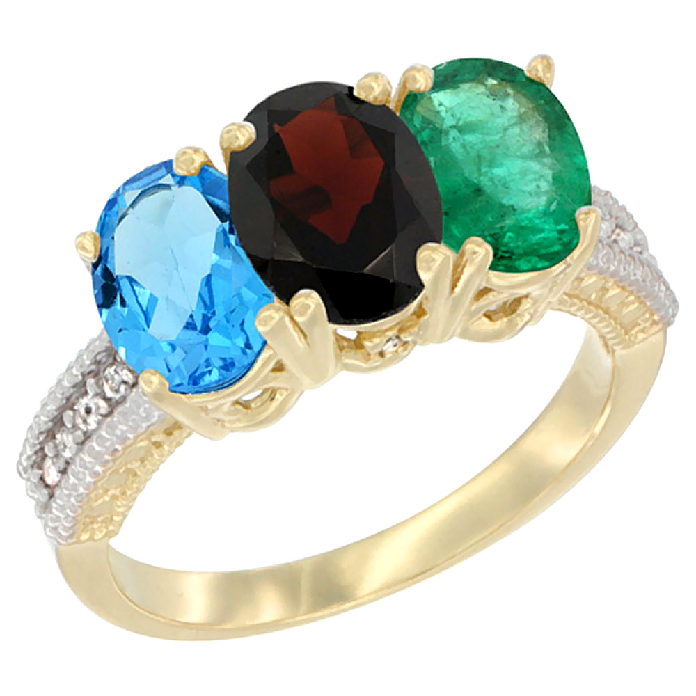 10K Yellow Gold Diamond Natural Swiss Blue Topaz, Garnet & Emerald Ring 3-Stone Oval 7x5 mm, sizes 5 - 10