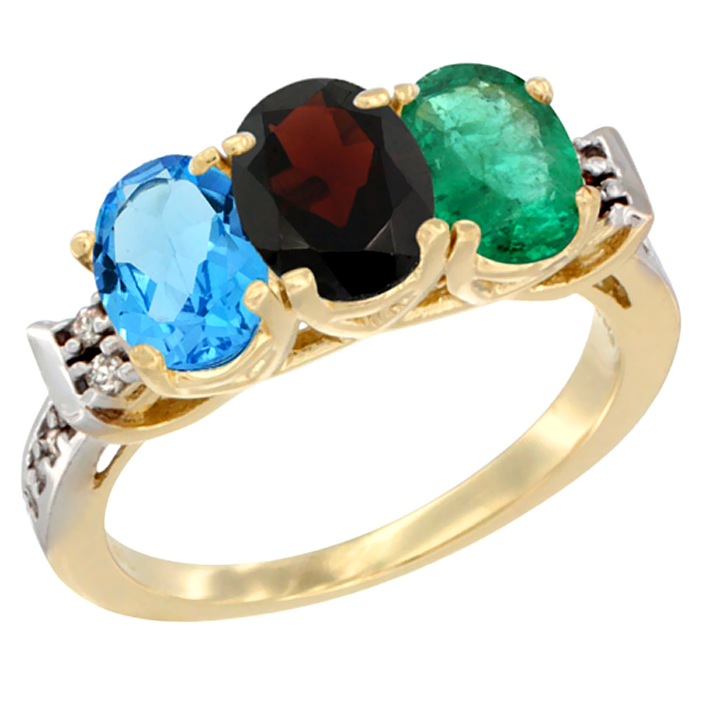 14K Yellow Gold Natural Swiss Blue Topaz, Garnet & Emerald Ring 3-Stone 7x5 mm Oval Diamond Accent, sizes 5 - 10