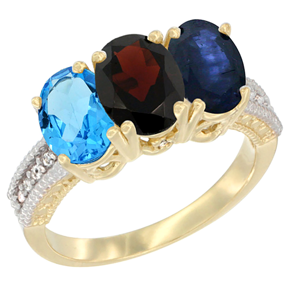 14K Yellow Gold Natural Swiss Blue Topaz, Garnet & Blue Sapphire Ring 3-Stone 7x5 mm Oval Diamond Accent, sizes 5 - 10