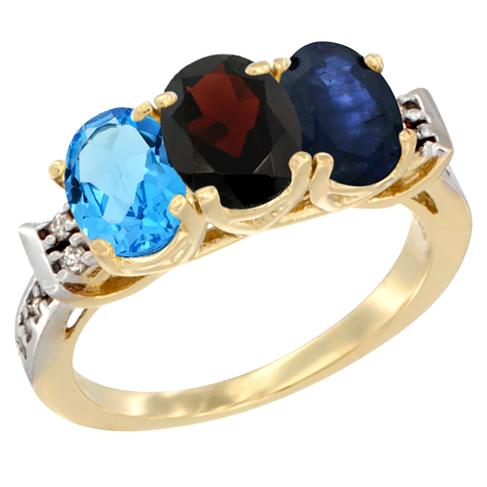 10K Yellow Gold Natural Swiss Blue Topaz, Garnet &amp; Blue Sapphire Ring 3-Stone Oval 7x5 mm Diamond Accent, sizes 5 - 10