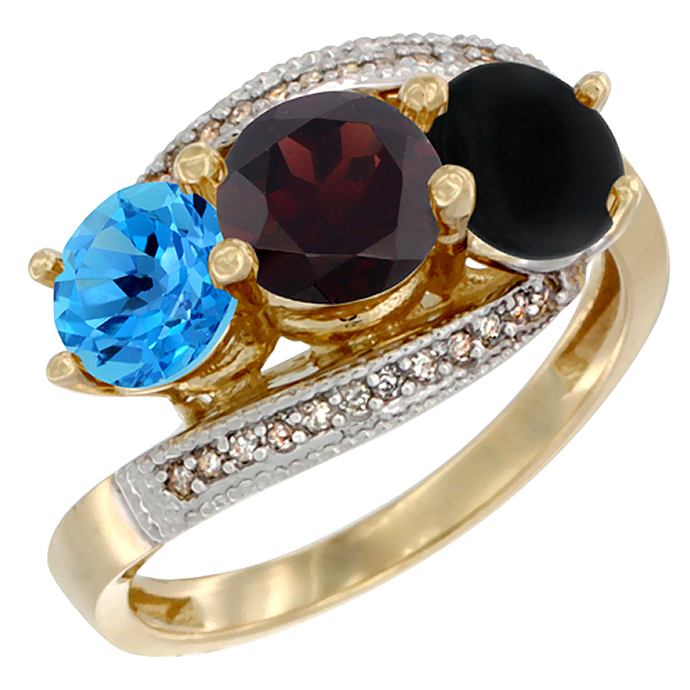 10K Yellow Gold Natural Swiss Blue Topaz, Garnet &amp; Black Onyx 3 stone Ring Round 6mm Diamond Accent, sizes 5 - 10