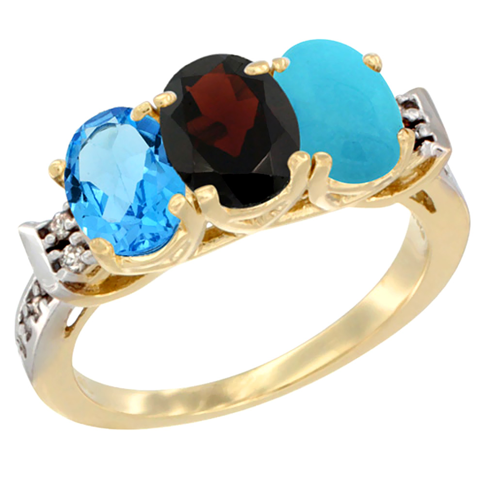 14K Yellow Gold Natural Swiss Blue Topaz, Garnet &amp; Turquoise Ring 3-Stone 7x5 mm Oval Diamond Accent, sizes 5 - 10