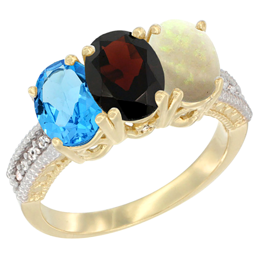 10K Yellow Gold Diamond Natural Swiss Blue Topaz, Garnet & Opal Ring 3-Stone Oval 7x5 mm, sizes 5 - 10