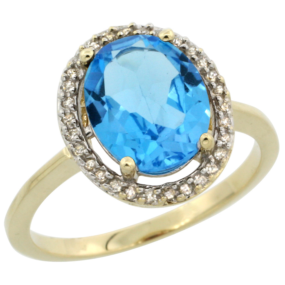 10K Yellow Gold Diamond Halo Natural Swiss Blue Topaz Engagement Ring Oval 10x8 mm, sizes 5-10
