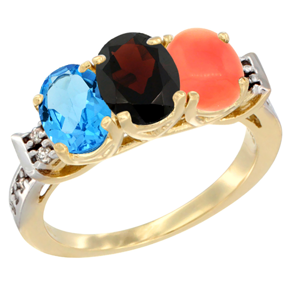 10K Yellow Gold Natural Swiss Blue Topaz, Garnet &amp; Coral Ring 3-Stone Oval 7x5 mm Diamond Accent, sizes 5 - 10