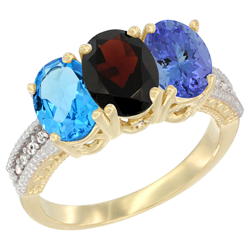 14K Yellow Gold Natural Swiss Blue Topaz, Garnet & Tanzanite Ring 3-Stone 7x5 mm Oval Diamond Accent, sizes 5 - 10