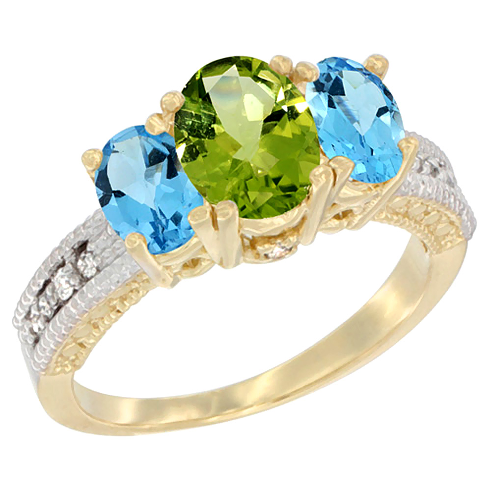 10K Yellow Gold Diamond Natural Peridot Ring Oval 3-stone with Swiss Blue Topaz, sizes 5 - 10