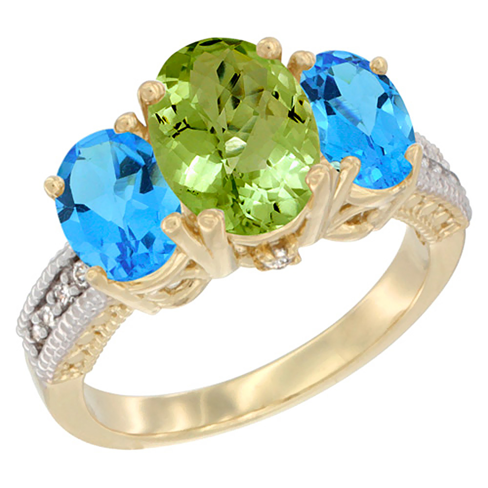 10K Yellow Gold Diamond Natural Peridot Ring 3-Stone Oval 8x6mm with Swiss Blue Topaz, sizes5-10
