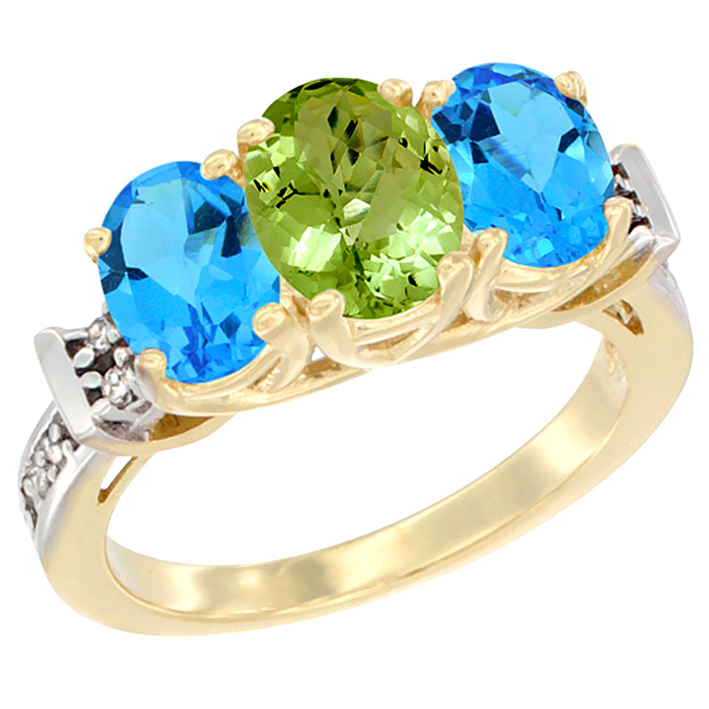 10K Yellow Gold Natural Peridot & Swiss Blue Topaz Sides Ring 3-Stone Oval Diamond Accent, sizes 5 - 10