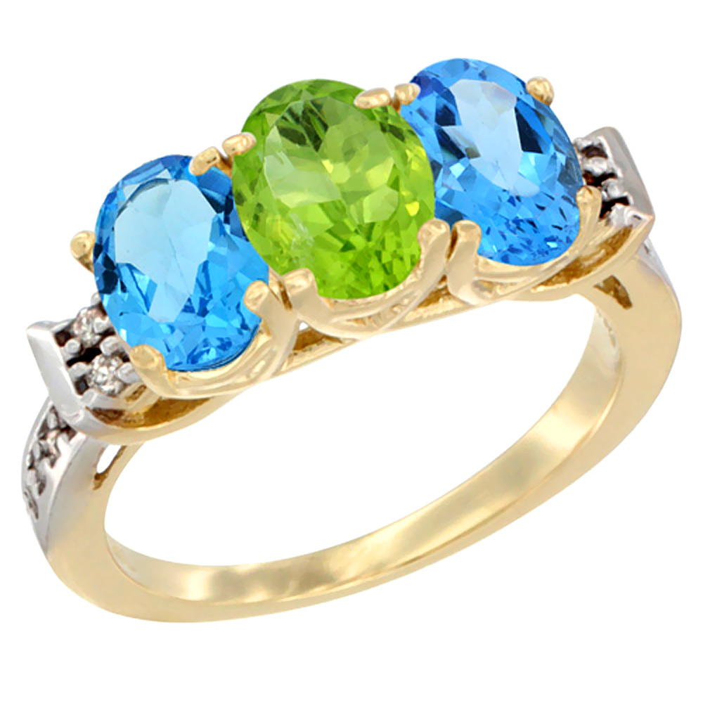 14K Yellow Gold Natural Peridot &amp; Swiss Blue Topaz Sides Ring 3-Stone 7x5 mm Oval Diamond Accent, sizes 5 - 10