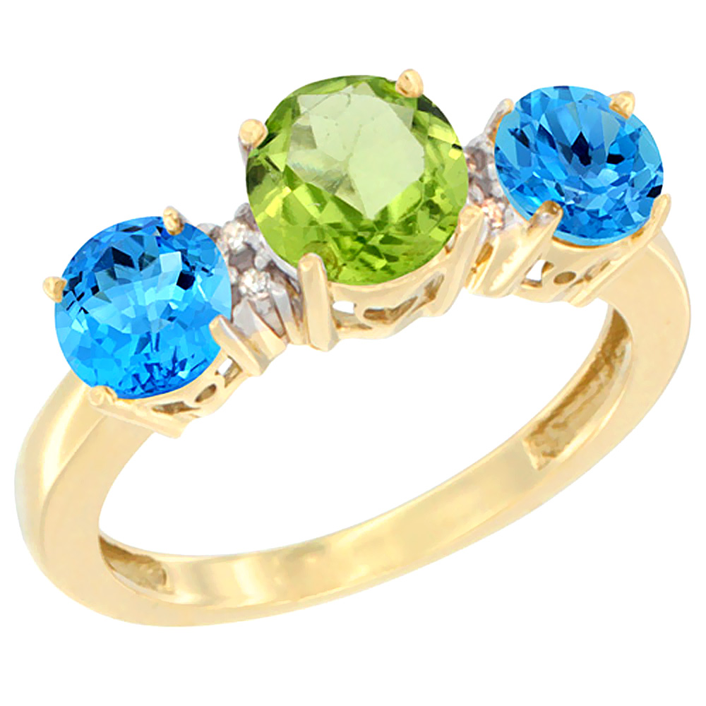 10K Yellow Gold Round 3-Stone Natural Peridot Ring & Swiss Blue Topaz Sides Diamond Accent, sizes 5 - 10