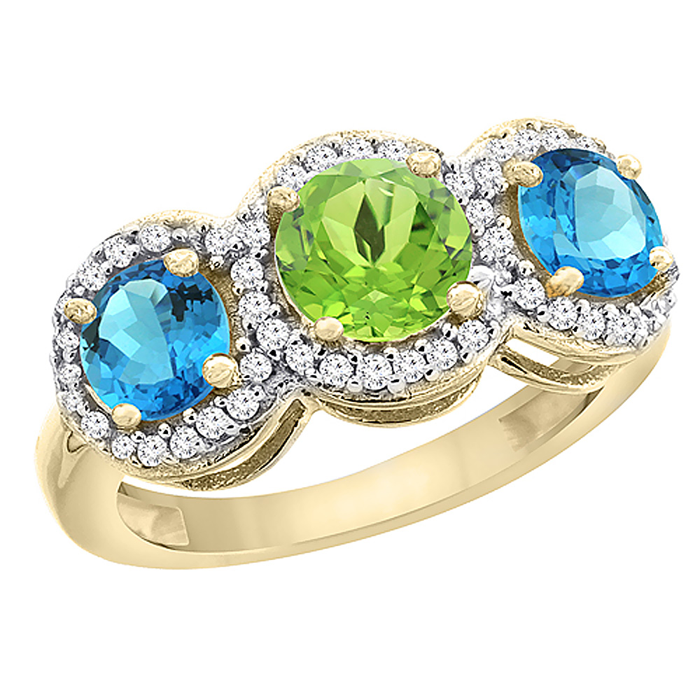 10K Yellow Gold Natural Peridot & Swiss Blue Topaz Sides Round 3-stone Ring Diamond Accents, sizes 5 - 10