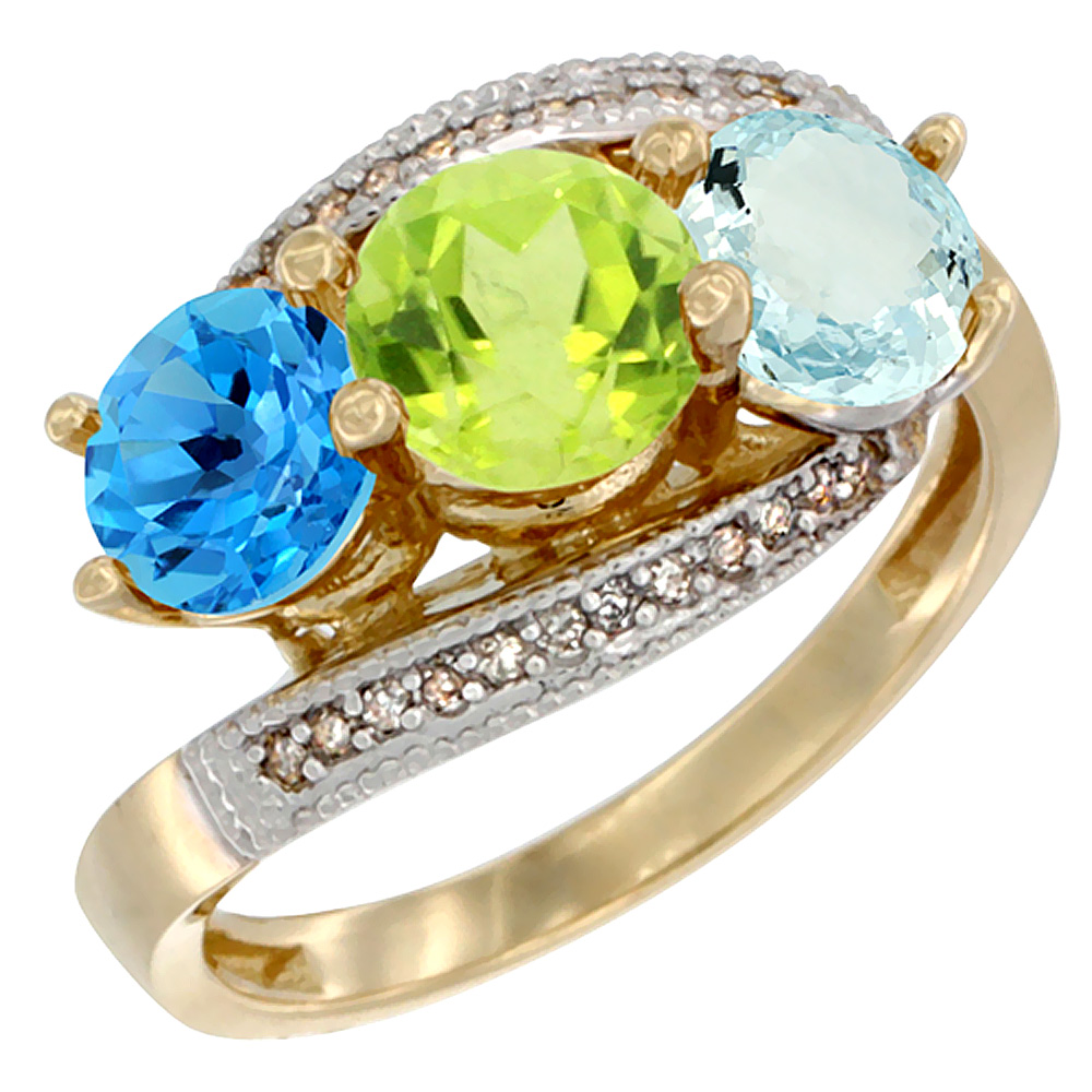 10K Yellow Gold Natural Swiss Blue Topaz, Peridot & Aquamarine 3 stone Ring Round 6mm Diamond Accent, sizes 5 - 10