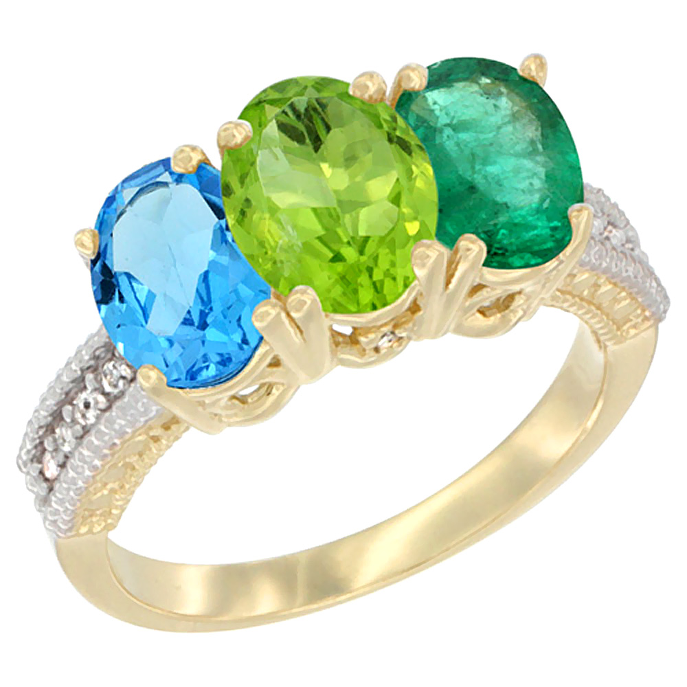 14K Yellow Gold Natural Swiss Blue Topaz, Peridot &amp; Emerald Ring 3-Stone 7x5 mm Oval Diamond Accent, sizes 5 - 10