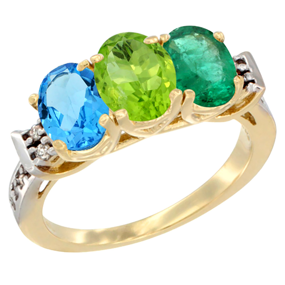10K Yellow Gold Natural Swiss Blue Topaz, Peridot & Emerald Ring 3-Stone Oval 7x5 mm Diamond Accent, sizes 5 - 10