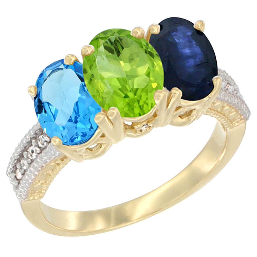 14K Yellow Gold Natural Swiss Blue Topaz, Peridot & Blue Sapphire Ring 3-Stone 7x5 mm Oval Diamond Accent, sizes 5 - 10
