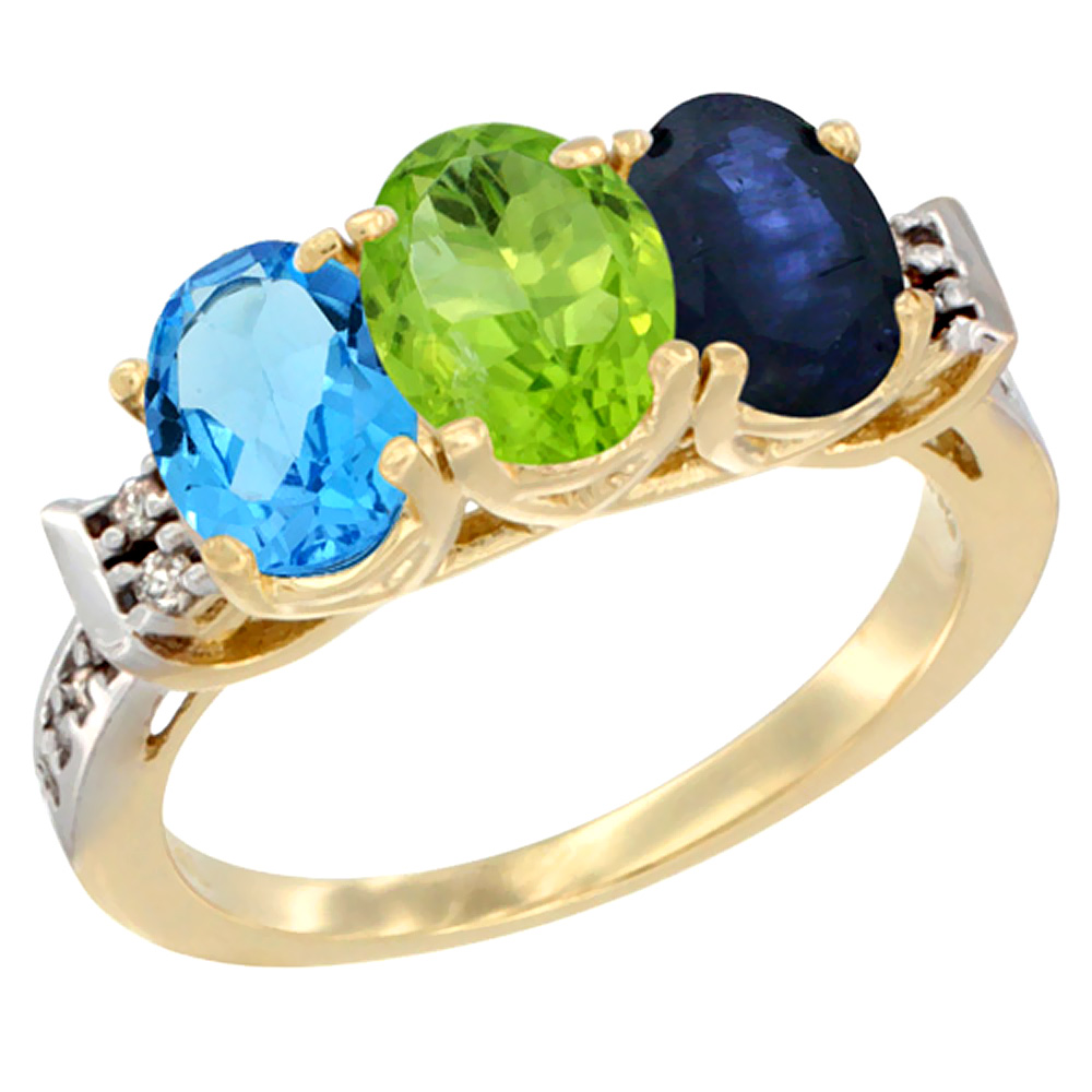 10K Yellow Gold Natural Swiss Blue Topaz, Peridot & Blue Sapphire Ring 3-Stone Oval 7x5 mm Diamond Accent, sizes 5 - 10