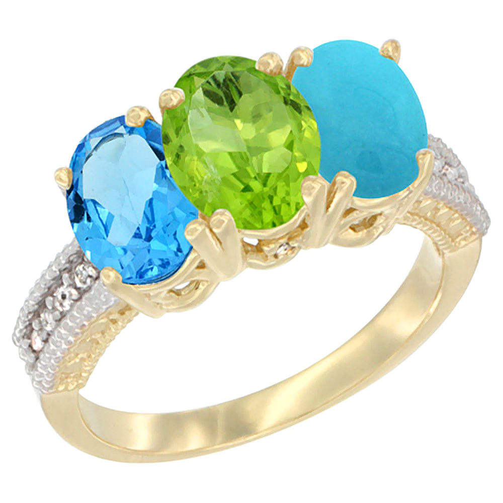 14K Yellow Gold Natural Swiss Blue Topaz, Peridot & Turquoise Ring 3-Stone 7x5 mm Oval Diamond Accent, sizes 5 - 10