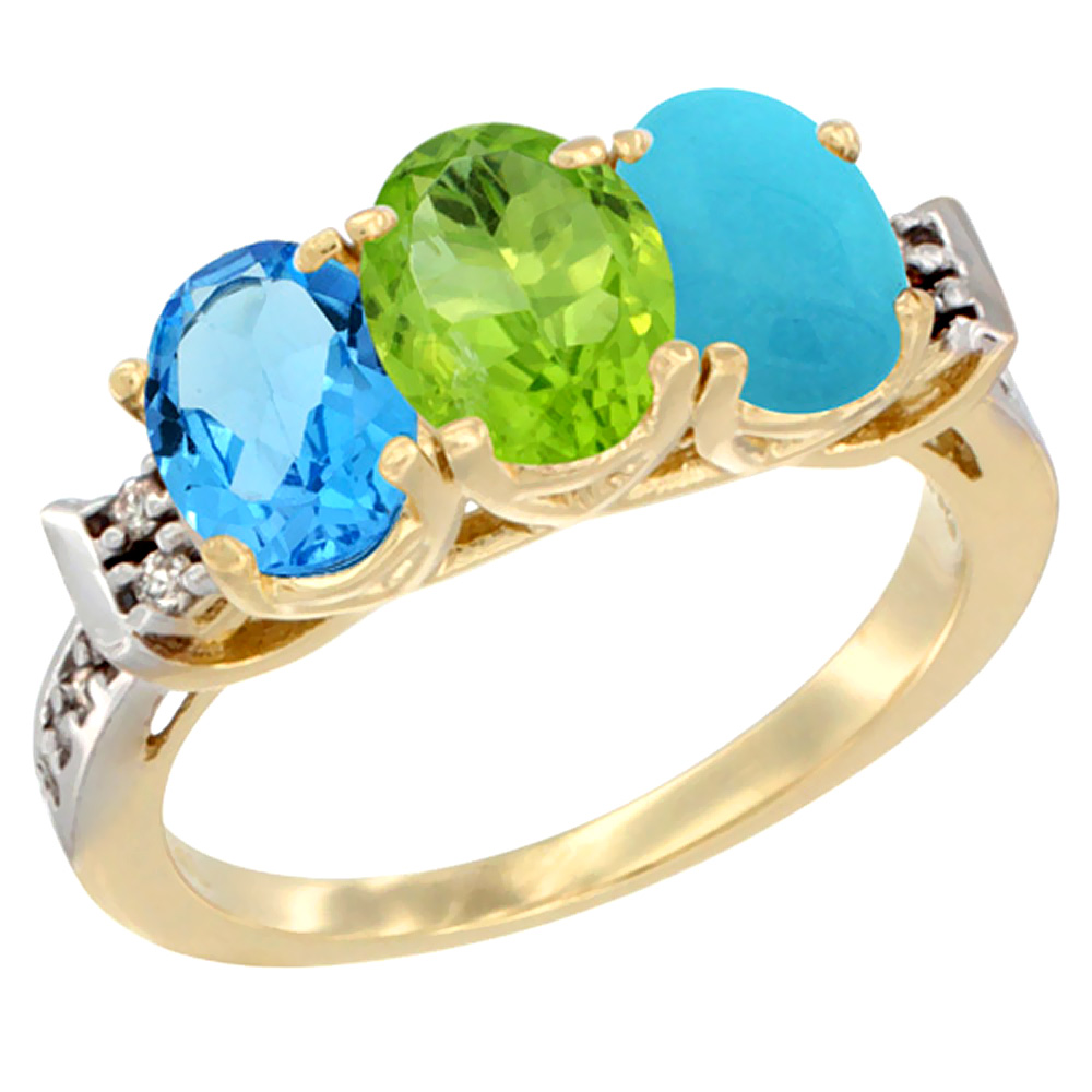10K Yellow Gold Natural Swiss Blue Topaz, Peridot & Turquoise Ring 3-Stone Oval 7x5 mm Diamond Accent, sizes 5 - 10