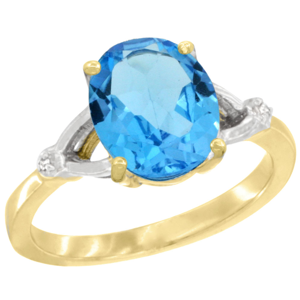 14K YELLOW GOLD SIMPLE LARGE 4 PRONG 10X8MM OVAL SWISS BLUE TOPAZ ENGAGEMENT RING FOR WOMEN 3/8 INCH WIDE SIZES 6-10