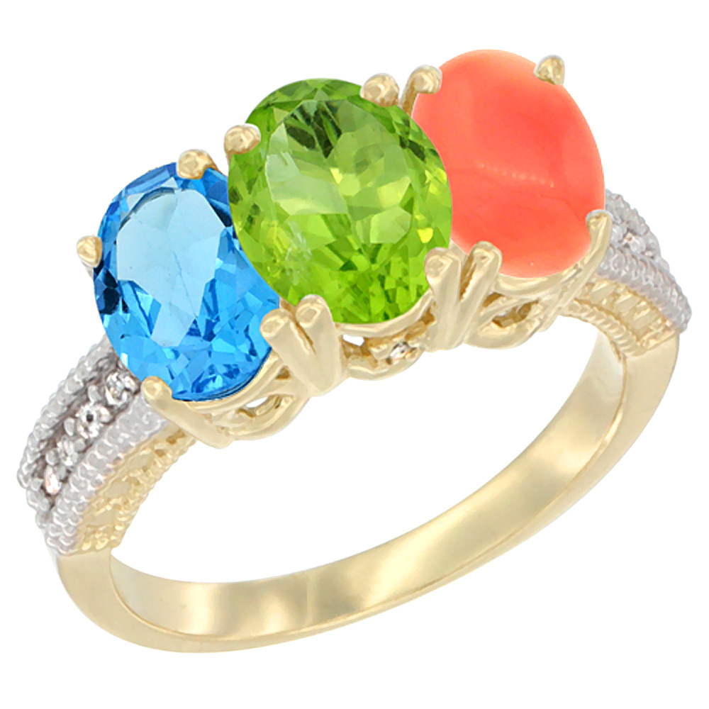 14K Yellow Gold Natural Swiss Blue Topaz, Peridot & Coral Ring 3-Stone 7x5 mm Oval Diamond Accent, sizes 5 - 10