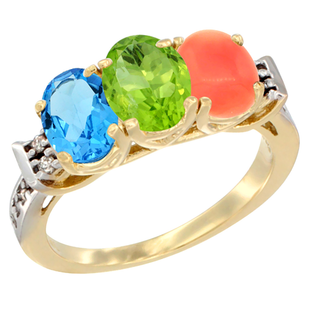 10K Yellow Gold Natural Swiss Blue Topaz, Peridot & Coral Ring 3-Stone Oval 7x5 mm Diamond Accent, sizes 5 - 10