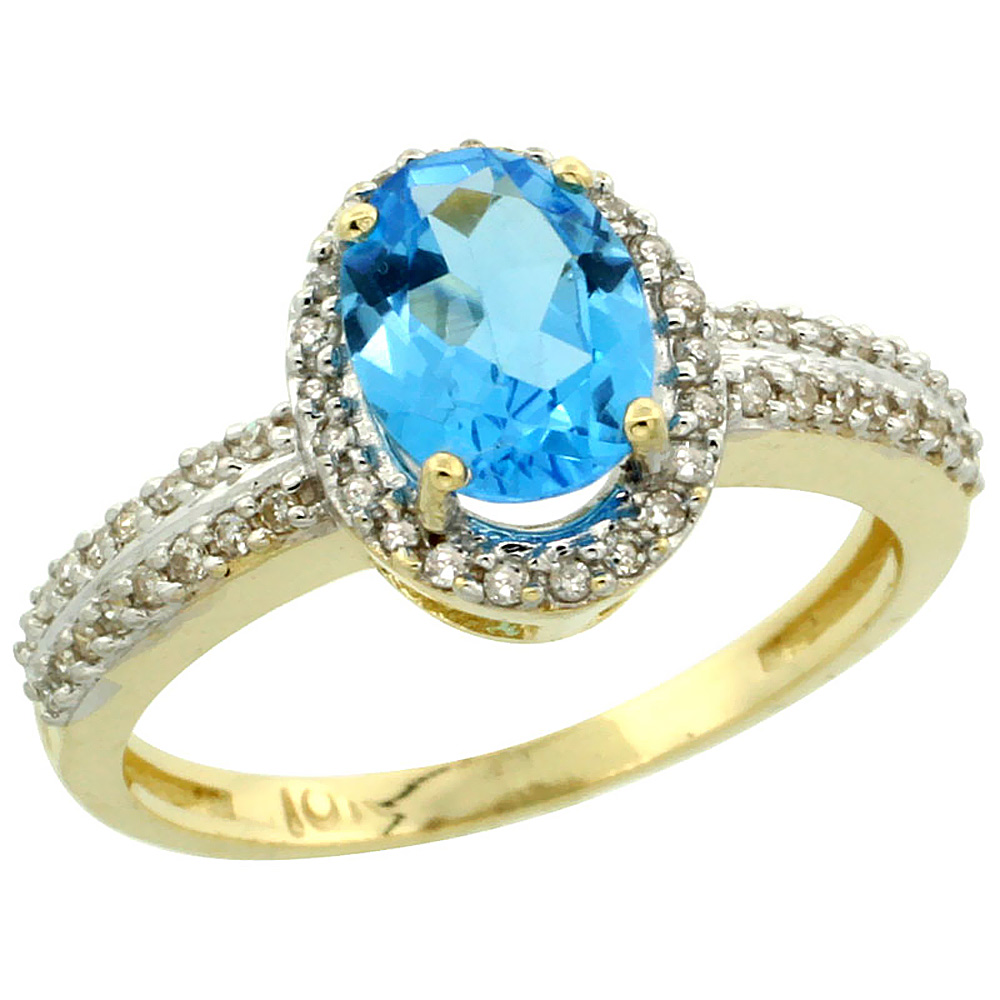 14K Yellow Gold Natural Swiss Blue Topaz Ring Oval 8x6mm Diamond Halo, sizes 5-10