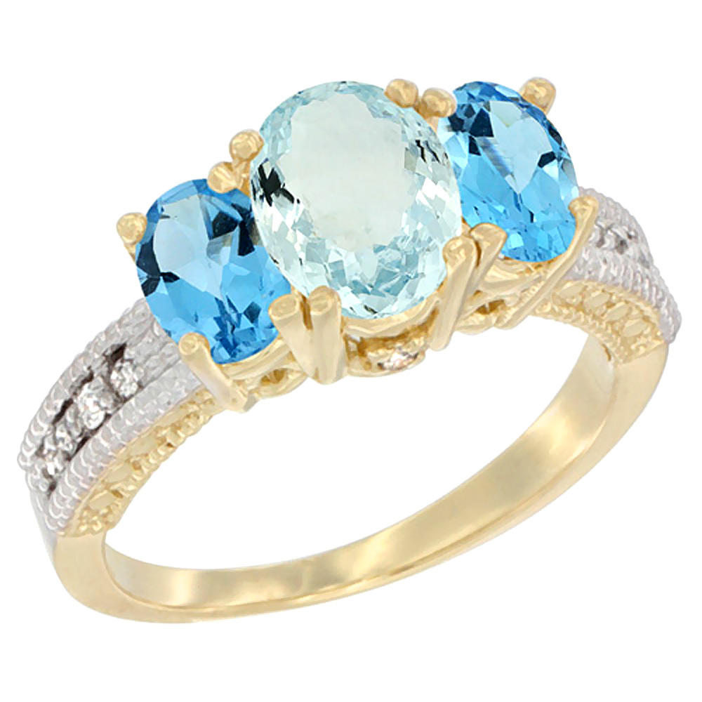 14K Yellow Gold Diamond Natural Aquamarine Ring Oval 3-stone with Swiss Blue Topaz, sizes 5 - 10