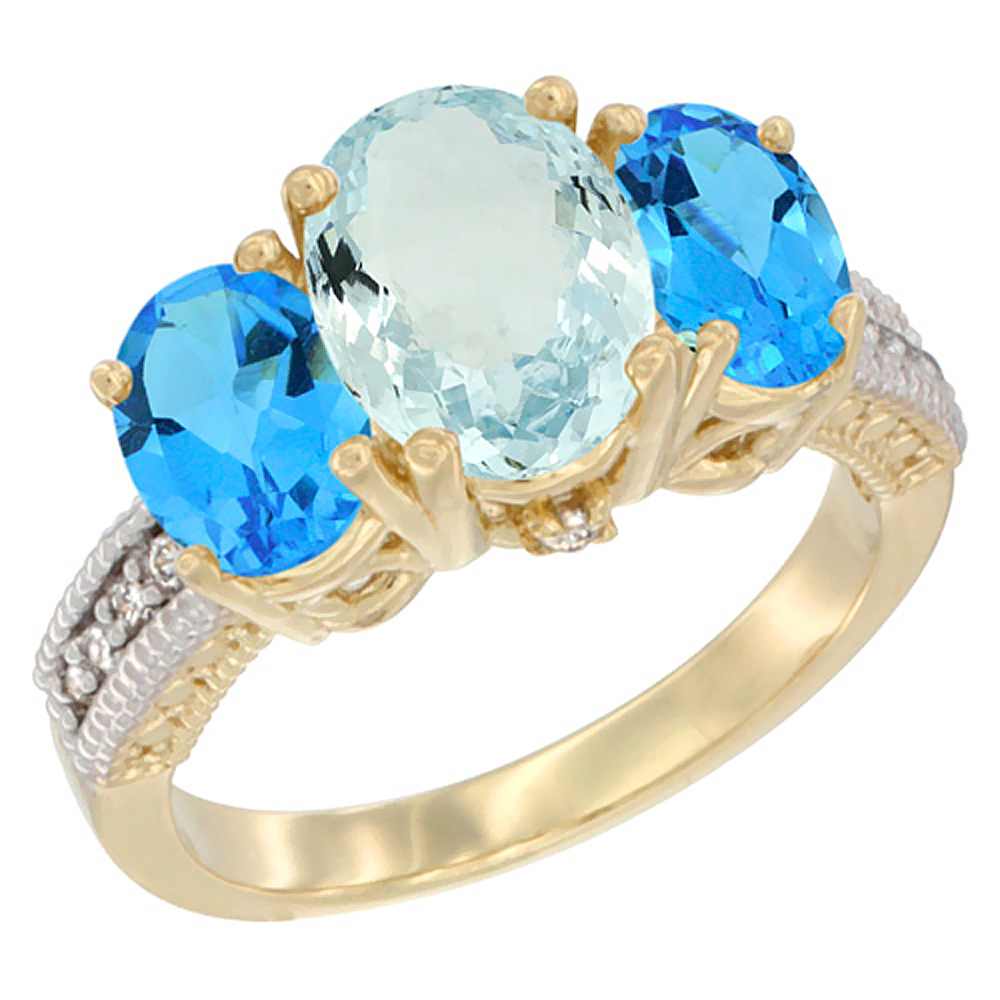 14K Yellow Gold Diamond Natural Aquamarine Ring 3-Stone Oval 8x6mm with Swiss Blue Topaz, sizes5-10