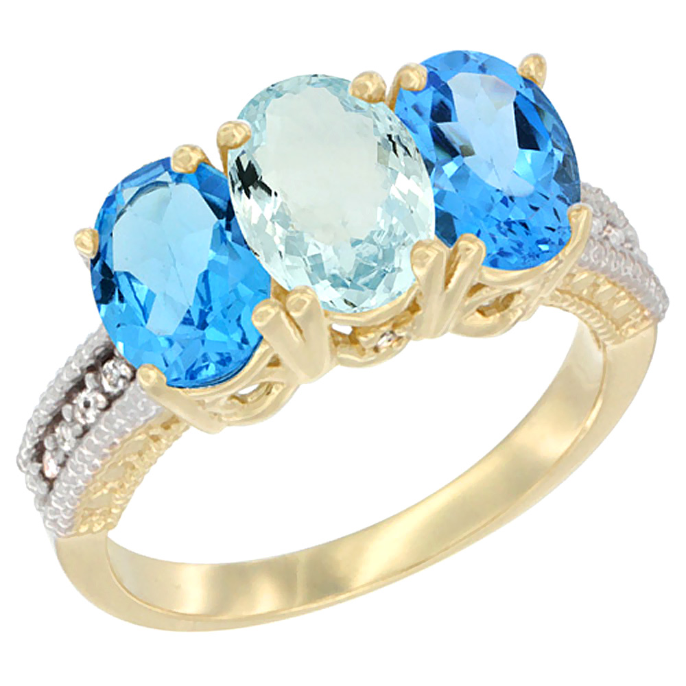 10K Yellow Gold Diamond Natural Aquamarine & Swiss Blue Topaz Sides Ring 3-Stone Oval 7x5 mm, sizes 5 - 10