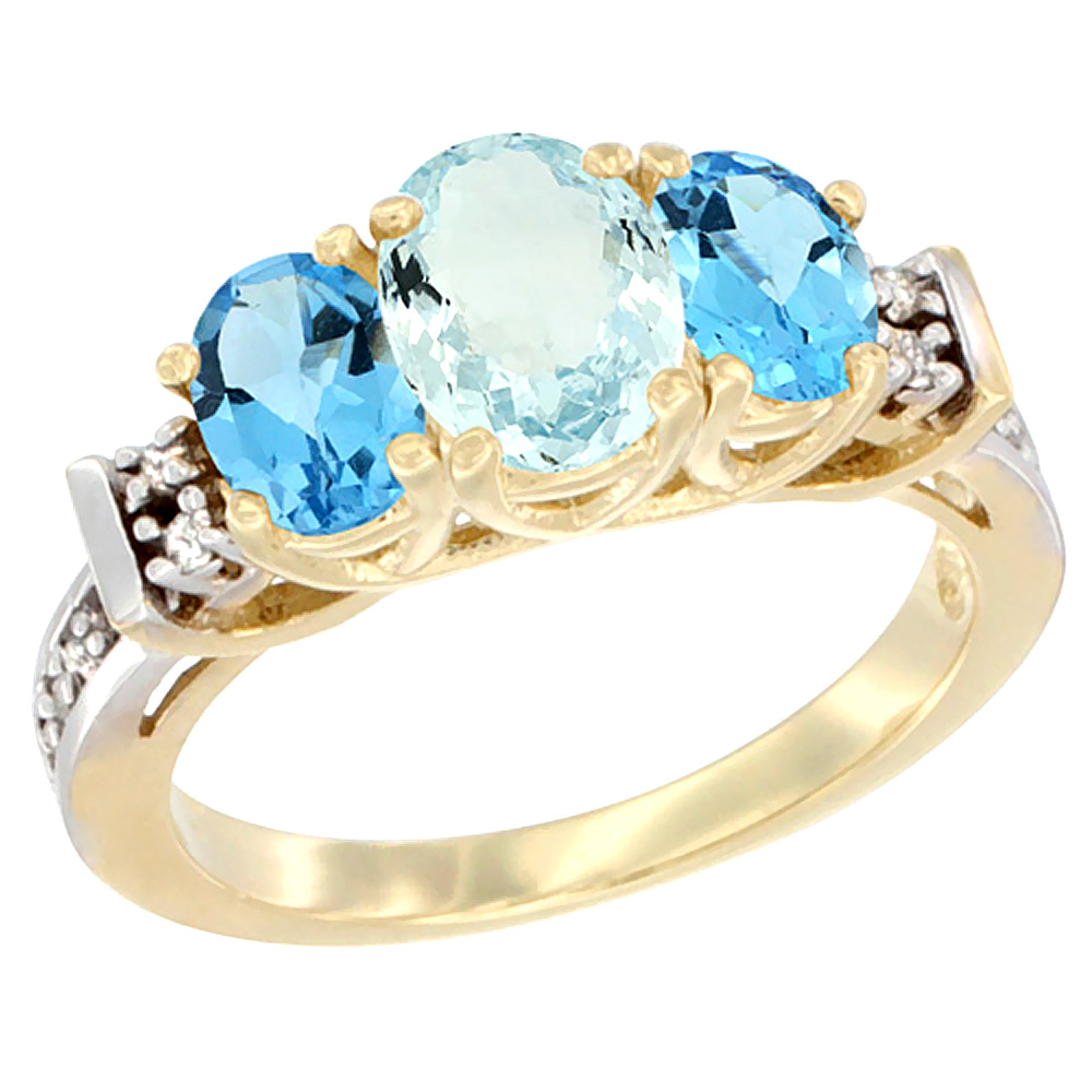 14K Yellow Gold Natural Aquamarine & Swiss Blue Topaz Ring 3-Stone Oval Diamond Accent