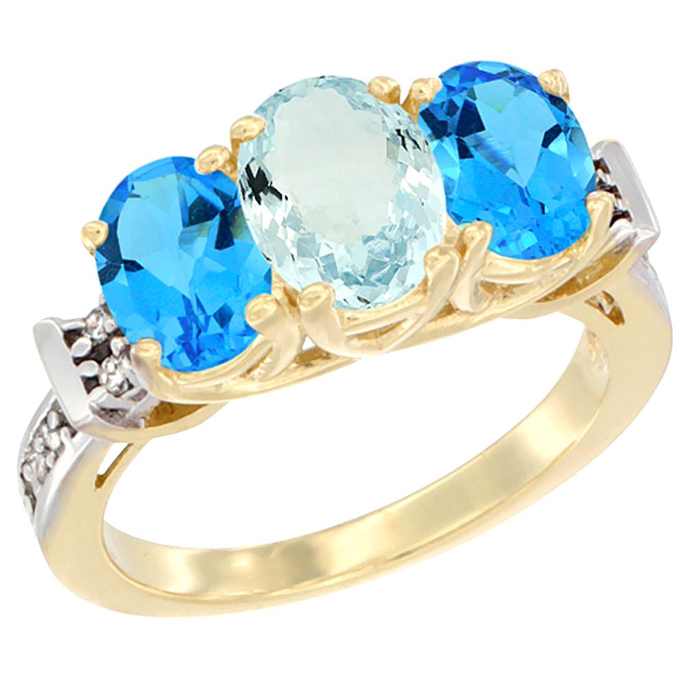 14K Yellow Gold Natural Aquamarine & Swiss Blue Topaz Sides Ring 3-Stone Oval Diamond Accent, sizes 5 - 10