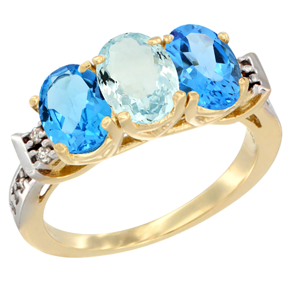 10K Yellow Gold Natural Aquamarine &amp; Swiss Blue Topaz Sides Ring 3-Stone Oval 7x5 mm Diamond Accent, sizes 5 - 10