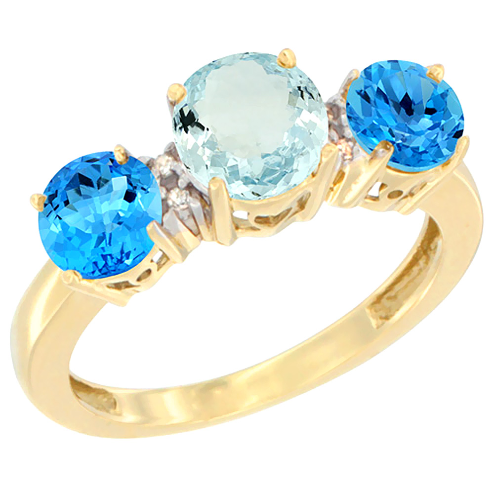 14K Yellow Gold Round 3-Stone Natural Aquamarine Ring & Swiss Blue Topaz Sides Diamond Accent, sizes 5 - 10