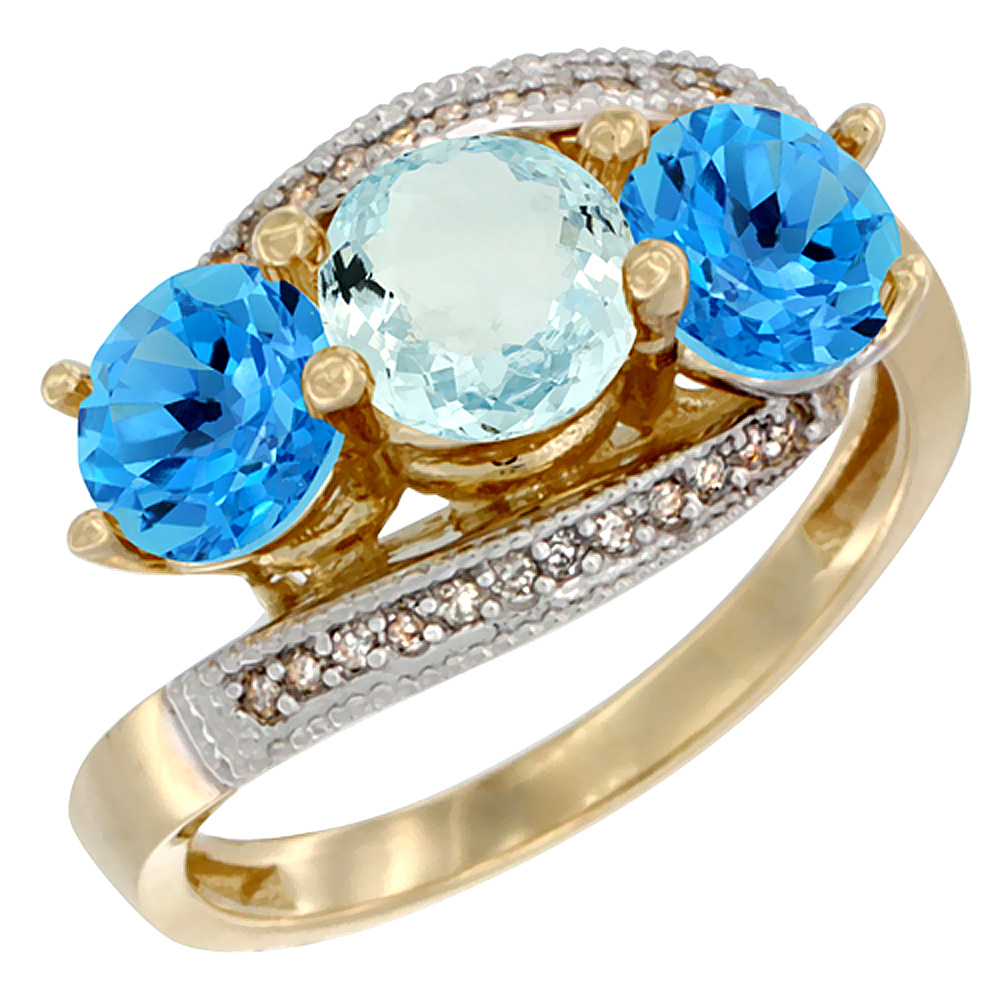 10K Yellow Gold Natural Aquamarine & Swiss Blue Topaz Sides 3 stone Ring Round 6mm Diamond Accent, sizes 5 - 10