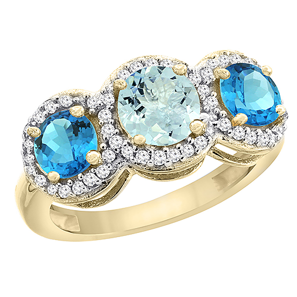 14K Yellow Gold Natural Aquamarine &amp; Swiss Blue Topaz Sides Round 3-stone Ring Diamond Accents, sizes 5 - 10