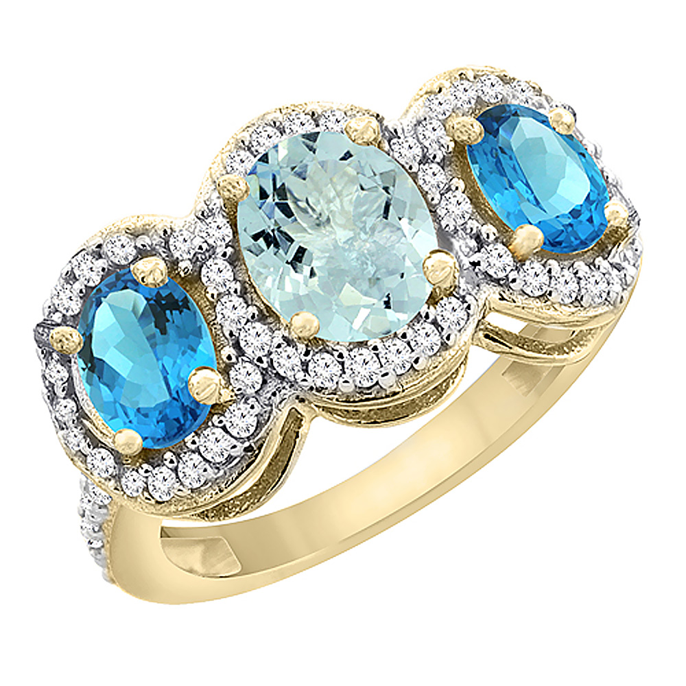 14K Yellow Gold Natural Aquamarine &amp; Swiss Blue Topaz 3-Stone Ring Oval Diamond Accent, sizes 5 - 10